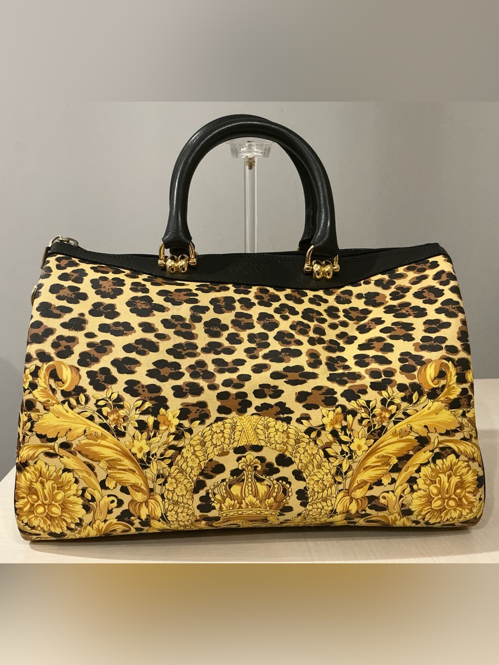 Gianni Versace Vintage Baroque Leopard Print Boston Bag Crown Gold Satchel GUC